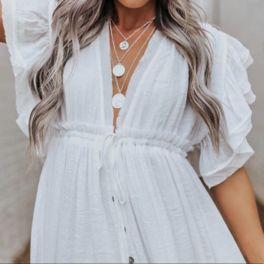 White Boho Plunge V Neck Maxi Dress - Picture 7 of 9